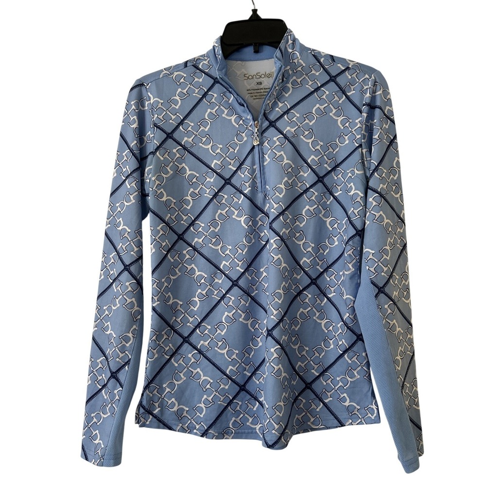 SanSoleil UV 50‎ Cooling Top Women's XS Blue White Equestrian Quarter Zip Mesh